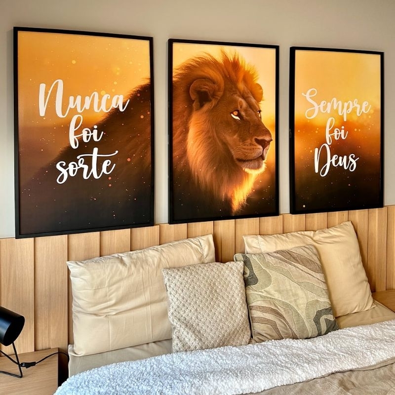 QUADRO DECORATIVO 3 TELAS LEÃO PÔR DO SOL NUNCA FOI SORTE, SEMPRE FOI DEUS
