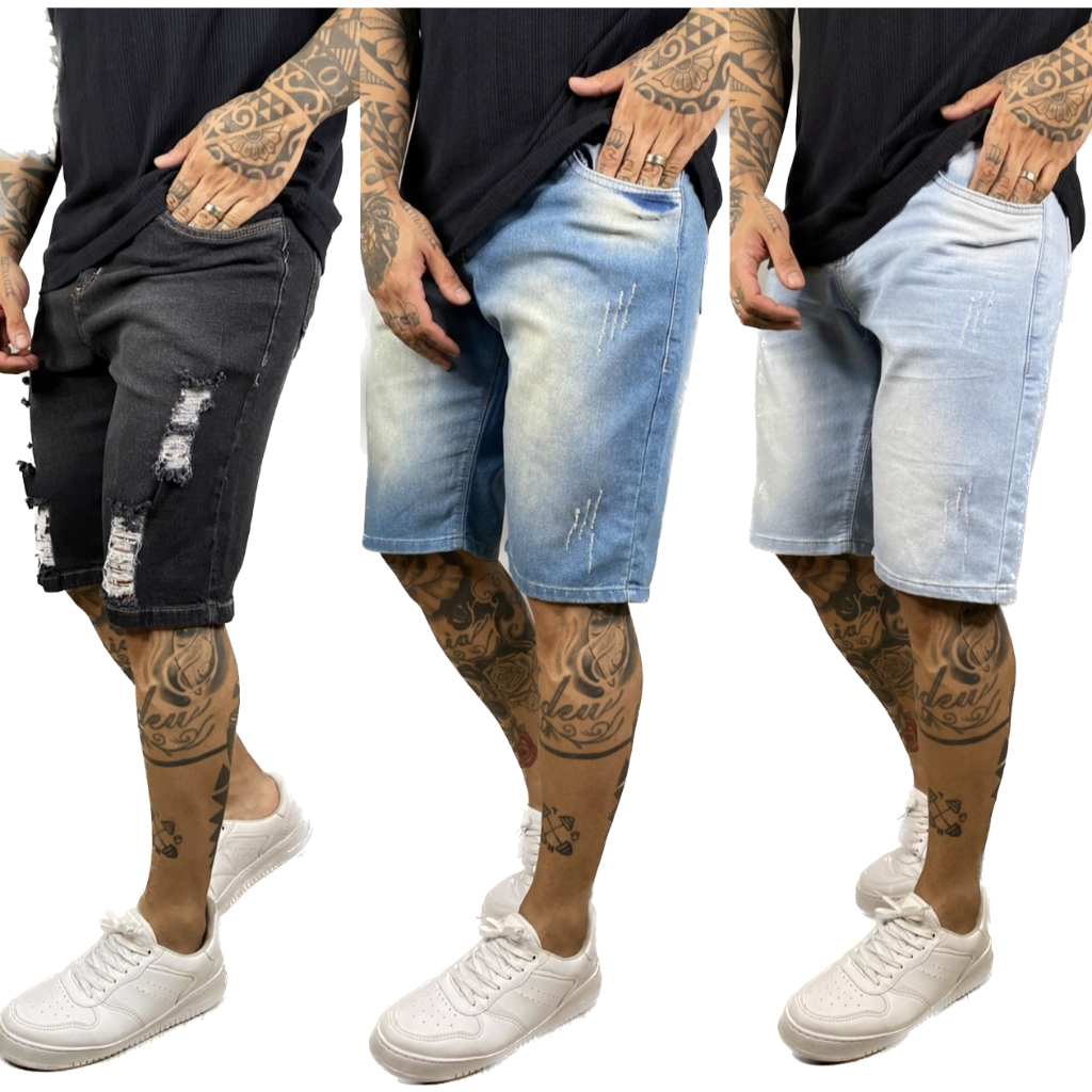 kit 3 peças bermuda jeans masculina Elastano rasgada slim Premium QUANTIDADE 1