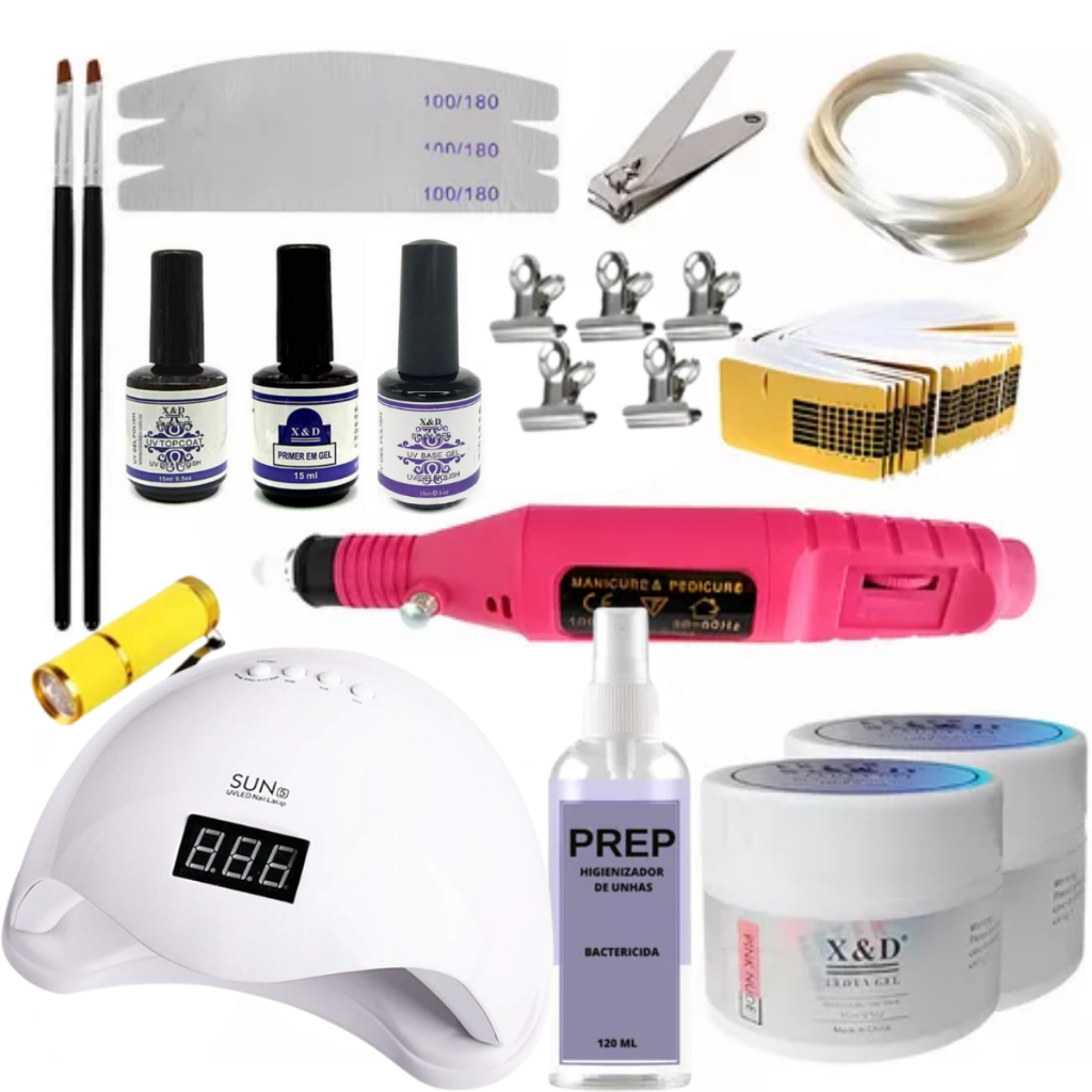 Kit Unha Gel Prep Top Coat Primer Base X&d Lixadeira Caneta Presilhas Curvatura C Lixa Boomerang Gel Fiber X&D Pincel N°8 Fibra de Vidro Lanterna LED UV