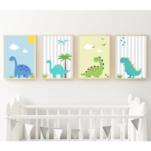 Kit com 3 Quadros Decorativo Dinossauros Baby Aquarela