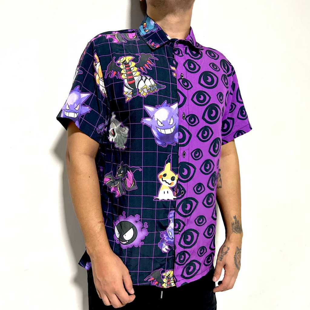 Camisa de botão Pokemon tipo fantasma bicolor gengar gastly haunter ...