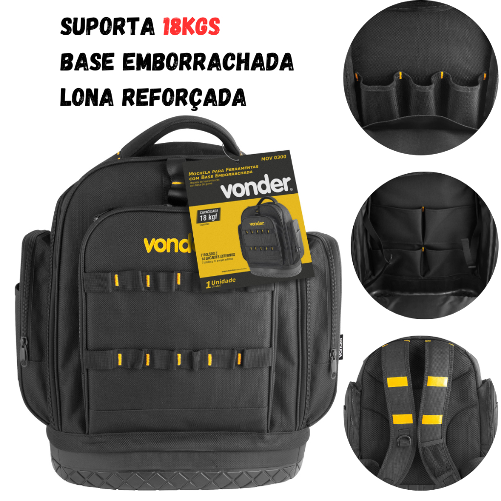Mochila Profissional Para Ferramentas Até 18KG com Lona Reforçada e Base emborrachada Mov300 Vonder
