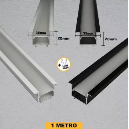 Perfil Led Embutir Recuado 1m 35x20 P/ Fita Led + Presilhas