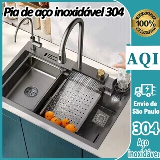 Kit Cuba Cozinha Gourmet 304 Aço Inox C/ Torneira Flexível Preto 75x45x20 cm Para envio imediato