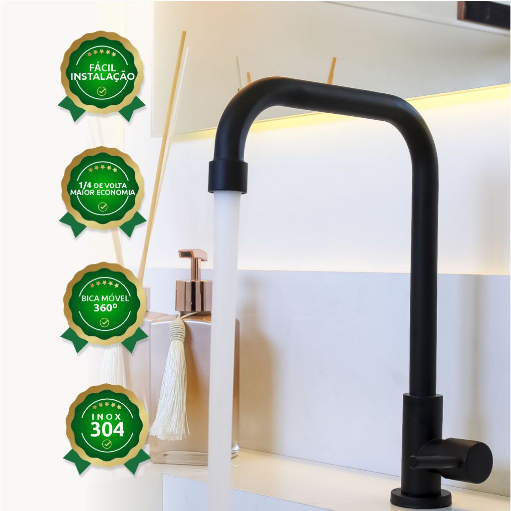 Torneira Bica Móvel Bancada Banheiro Cozinha Metal 1/4 Volta Preta