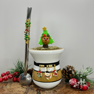 Cuia Chimarrão Imbuia + Bomba Decorada E Enfeites Luxo Natal
