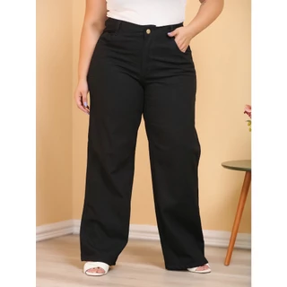 Calça Jeans Plus Size Wide Leg Feminina Cintura Alta empina Bumbum