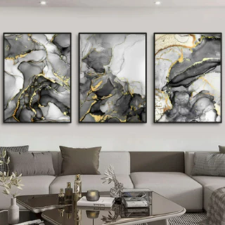 Kit 3 Peças Quadros Decorativos Abstrato Marmorizado Preto Dourado Mdf Moldura Para Sala Quarto