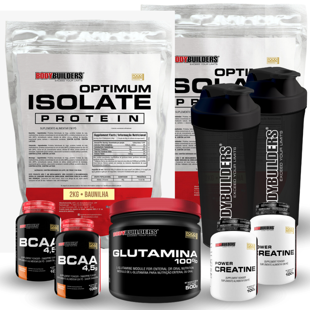 Kit 2 Whey Protein Isolado Optimum 2kg + 2 BCAA 100g + 2 Creatina100g + Glutamina 500g + 2 Coqueteleira – Bodybuilders