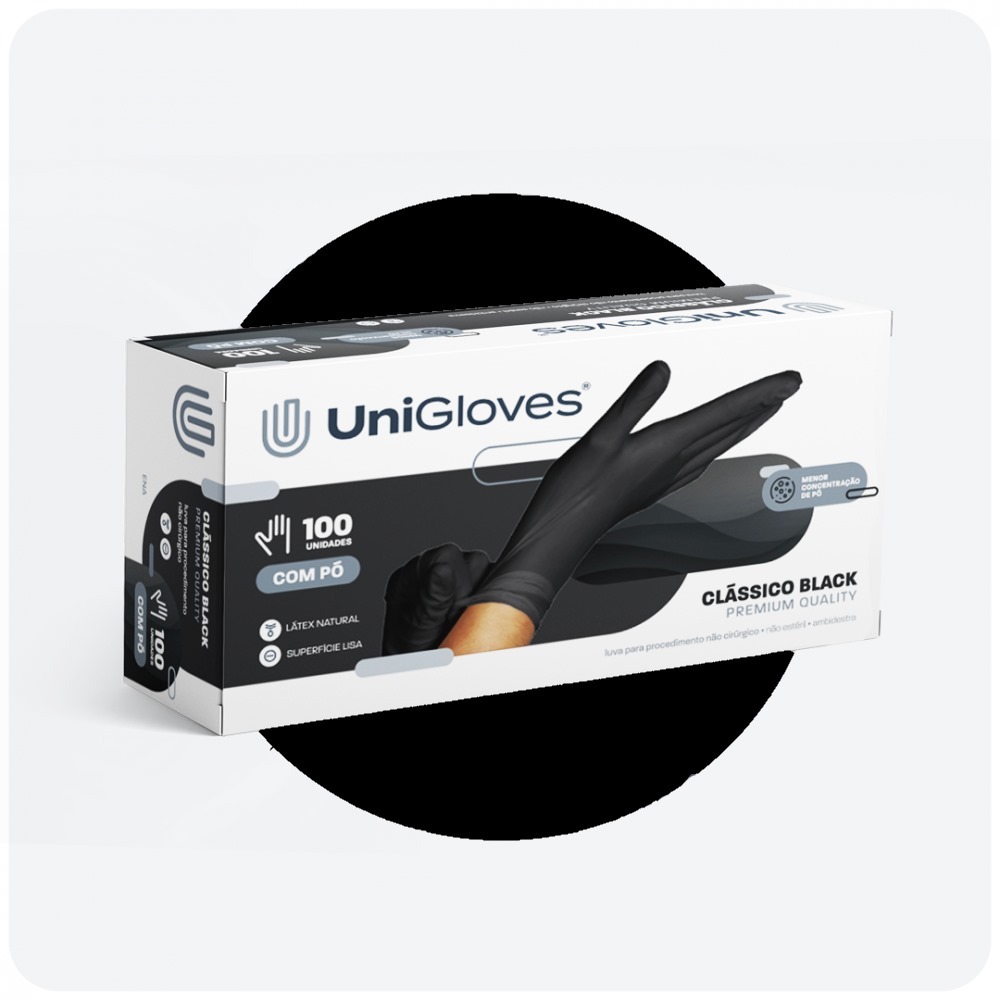 LUVA PREC. LATEX COM PÓ BLACK - UNIGLOVES CX C/ 100 UN