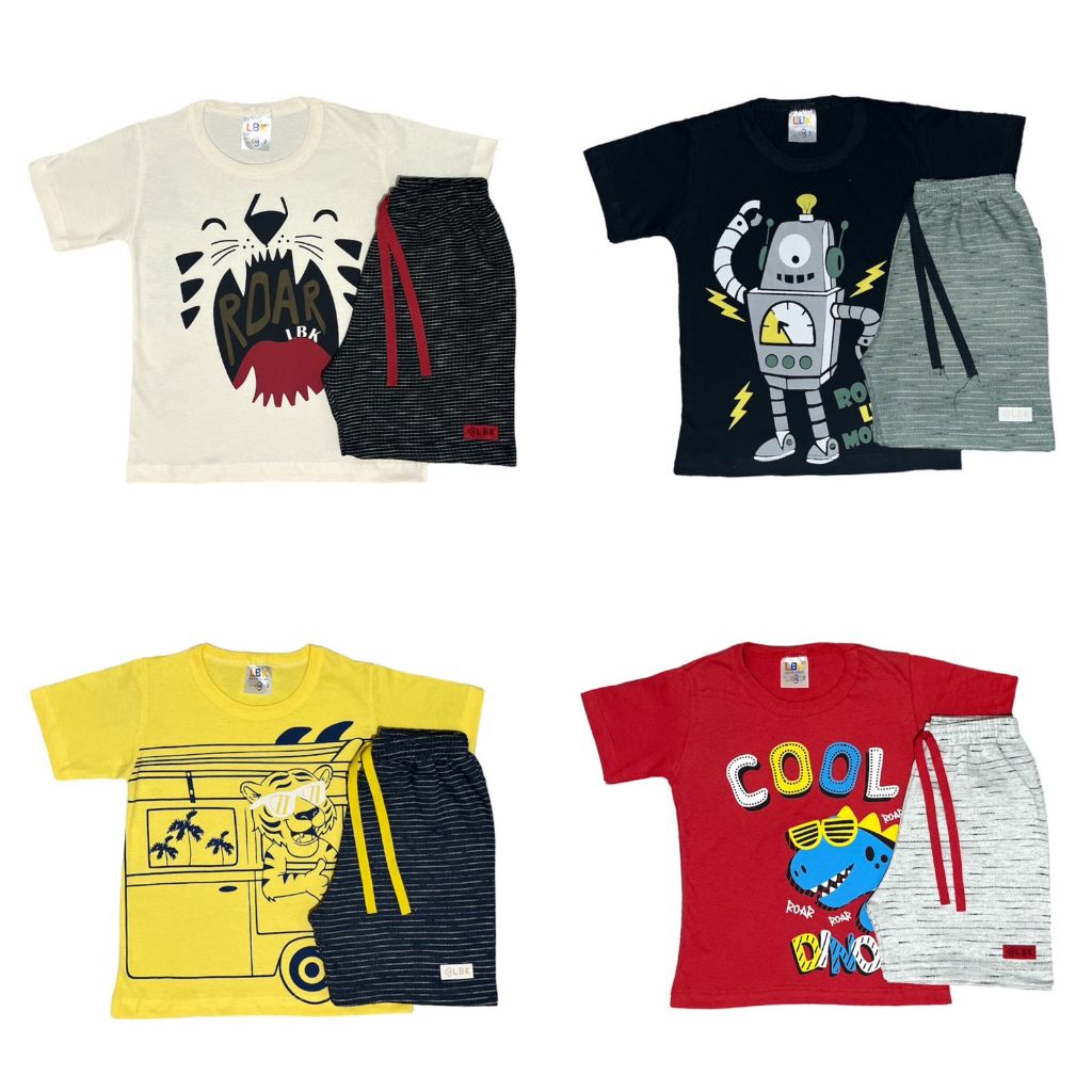 Kit Sortido 4 Peças de Roupas Infantil Menino - 2 Camisetas + 2 Bermudas - Kit com 2 Conjuntos de Roupa Infantil Menino