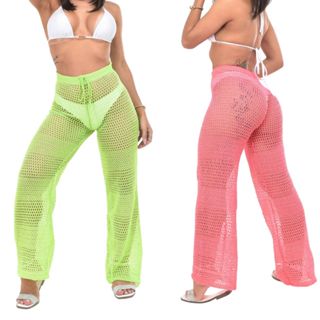 Kit 2 peçs Calça Saída de Praia em Tricot Tendência Verão - Branco e Amarelo, Verde e Rosa Linha Premium Deluxe Tendência