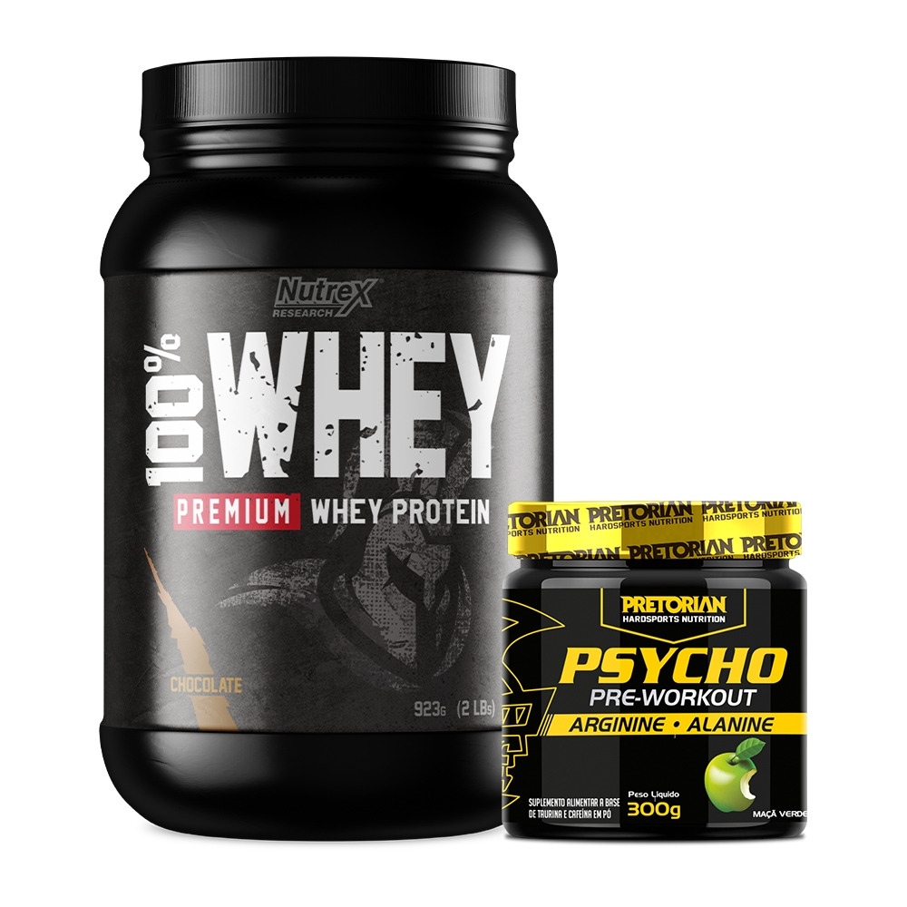 Kit Whey Protein 100% 923g – Nutrex+ Pré Treino Psycho Pre Workout 300g – Pretorian