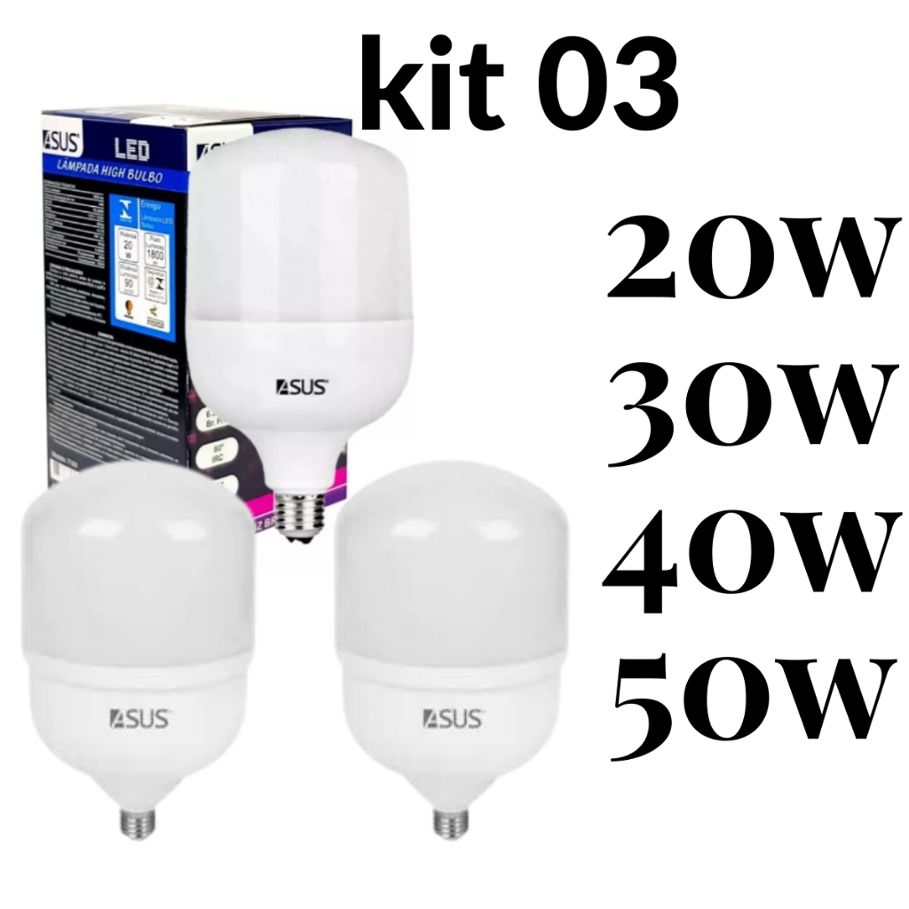 Kit 3 Lampadas Led Super Bulbo 20w, 30w, 40w, 50w ASUS E27 Bivolt 6500K Luz Branca