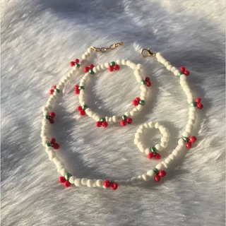 Conjunto de miçangas colar de miçangas de cereja com pulseira de miçangas aesthetic anel de miçanga brancas pedras com cereja elegante