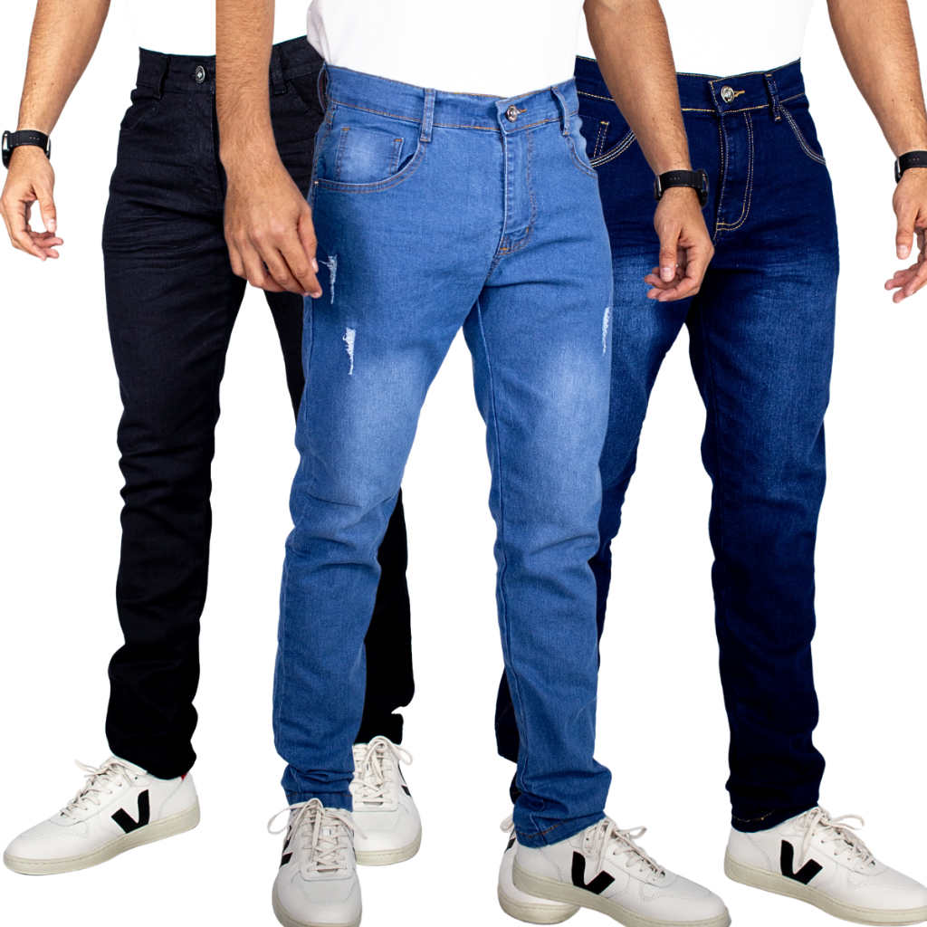 Kit 3 Calças Jeans Masculina Lycra Tradicional Reforçada