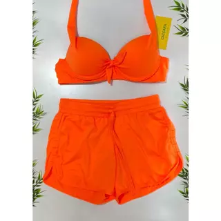Top biquini com shorts praia e piscina, verão P/M/G/GG. feminino cor laranja