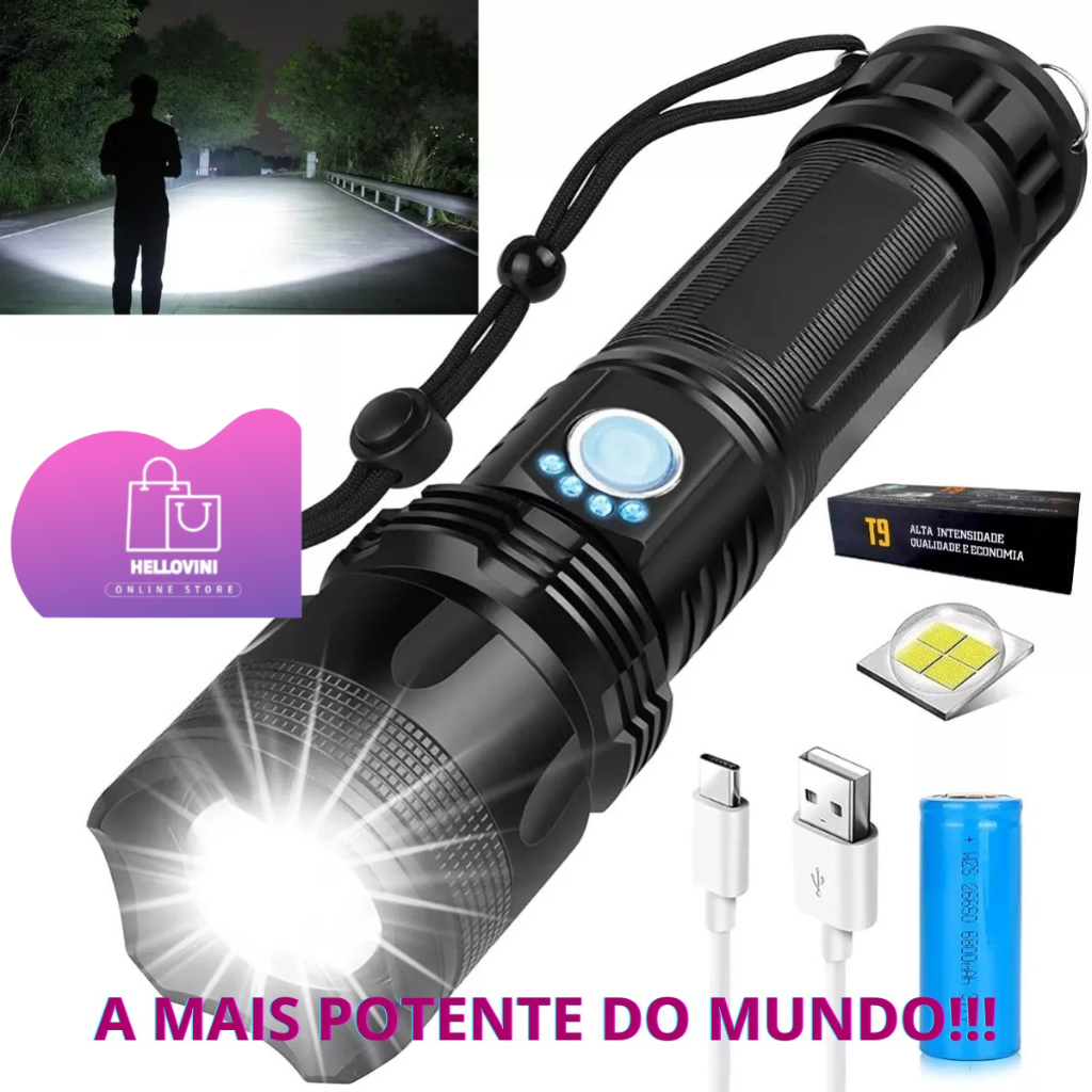 Lanterna Tática Led T9 8875 Militar Mega Potente Zoom 5 modos de Iluminação  - Lanternas Importadas