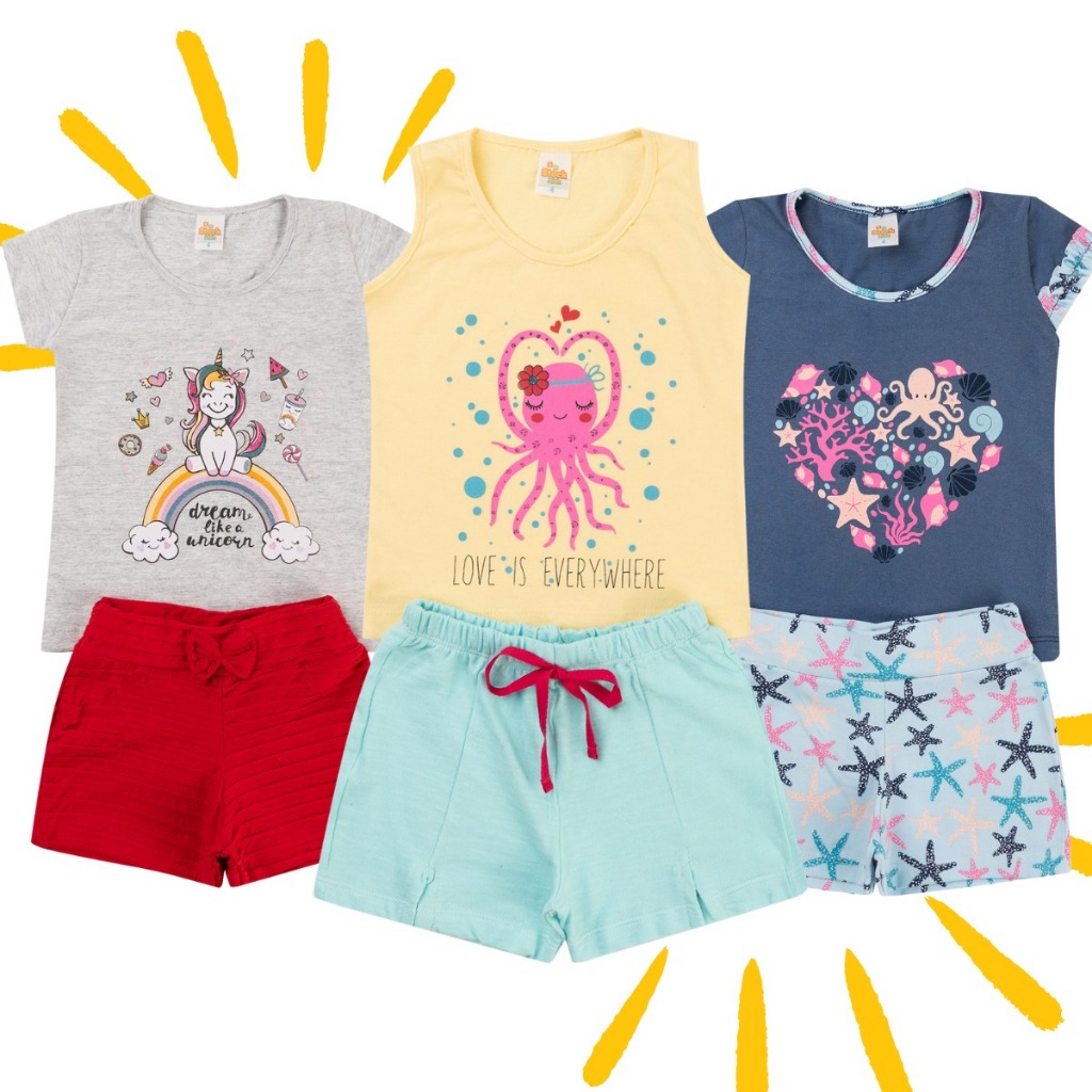 Kit 6 Peças de Roupas Infantil Menina -Kit com 3 Conjuntos SORTIDOS Feminino (3 Camisetas + 3 Shorts = 6 peças)