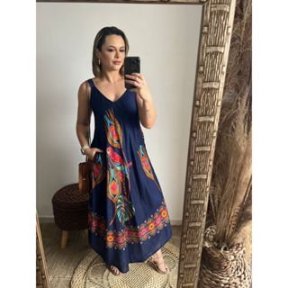 Vestido Midi Paisley Manga Flare Amplo Azul Estampado Boho Brasil