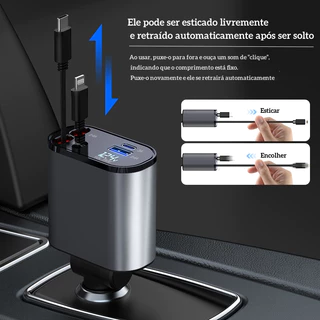 Portátil 4-Em-1 Carregador De Carro Universal Cabo Usb Display Digital Retrátil Adequado Para Telefones Celulares Iphone E Android