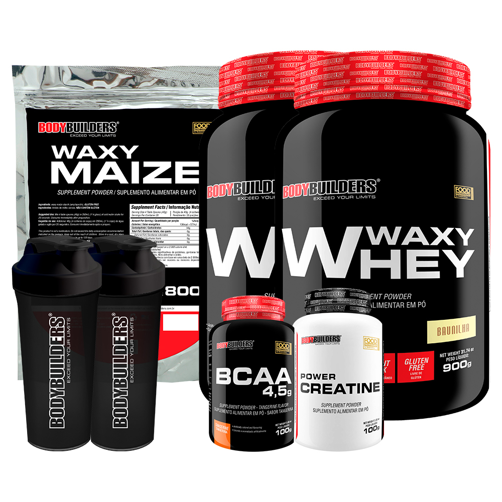 Kit 2x Whey Protein Waxy Whey Pote 900g + Waxy Maize 800g + Power Creatina 100g + BCAA 4,5 100g + 2x Coqueteleira – Suplementos Para Ganho de Massa Muscular – Bodybuilders