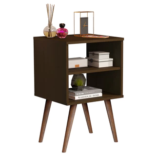 Mesa de Cabeceira Moderna com Prateleira Estilo Retro e Pés Palito em Madeira Mesinha Elegante