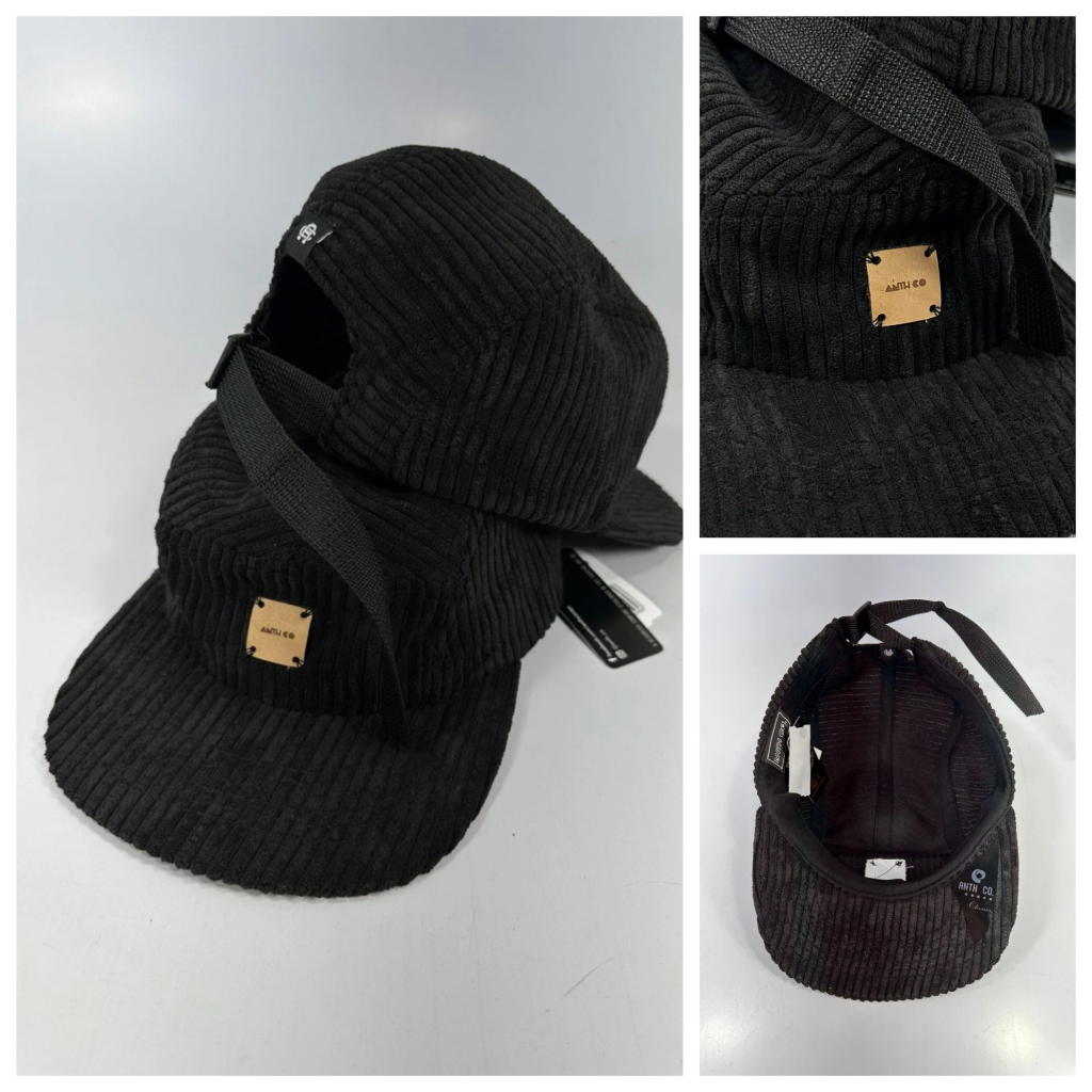 Boné 5 Panel Aba Reta Veludo Preto Fitão com Regulagem Cor Preto