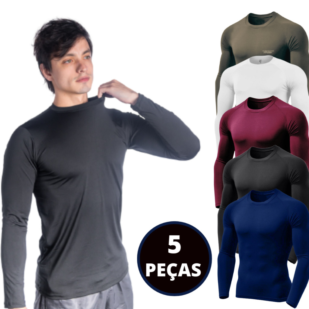 Kit 05 Camisetas Proteção Solar UV Blusa Malha Fria Segunda Pele Camisa Térmica Masculina Academia