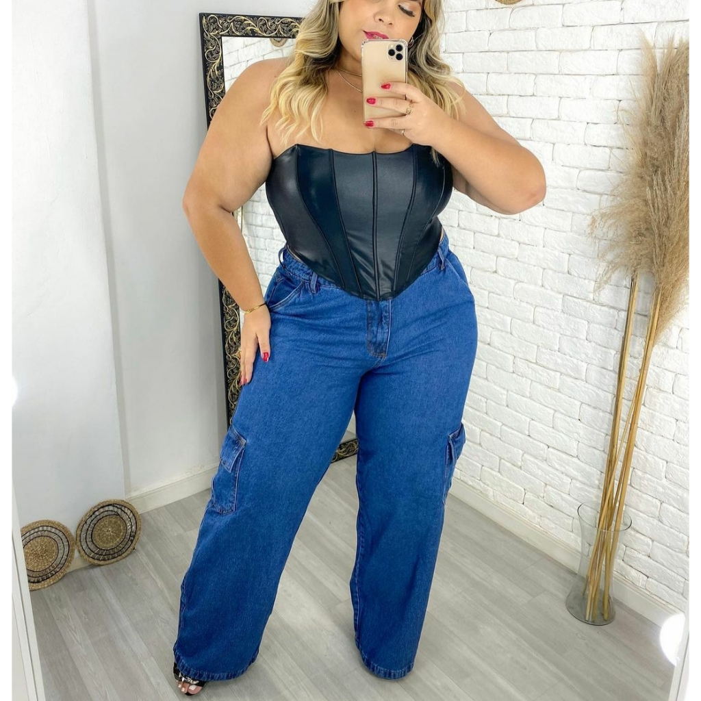CALÇA CARGO PLUS SIZE JEANS LAVAGEM CINTURA ALTA CALÇA WID LEG