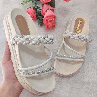 Sandália Feminina Plataforma Papete Birken Com Enfeite Trançado De Strass Solado Alto Confortável Ref. 7801