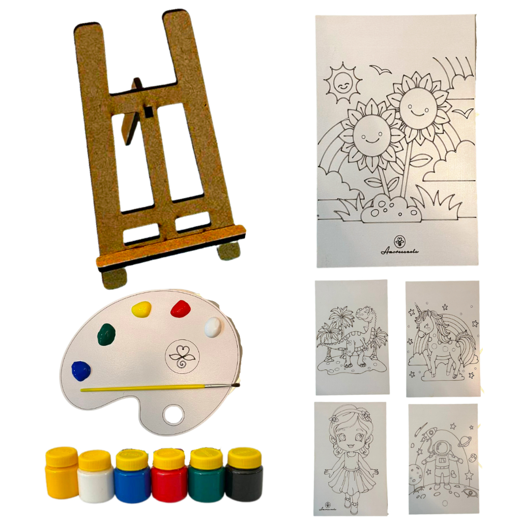 Kit de Pintura Infantil: Meu Primeiro Atelier - 1 cavalete + 6 tintas + 1 pincel + 1 paleta + 5 Telas Pinte + 1 Buchina - Presente, Brinquedo, Dia das Crianças , Aniversário, Natal