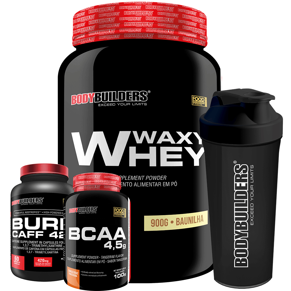 Kit Whey Protein Waxy Whey Pote 900g + BCAA 4.5 100g + Burn Caff 420 60 Cáps + Coqueteleira – Suplementos Para Ganho de Massa Muscular e Potencialização no Treino de Musculação na Academia – Bodybuilders