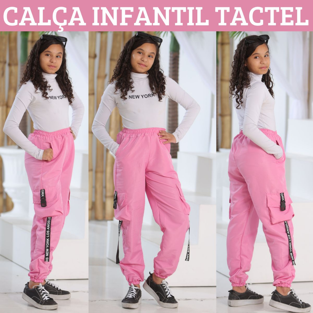 Calça Feminina Juvenil Para Crianças Meninas Jogger Cargo Street Com Bolsos e Detalhes de Fita TOP