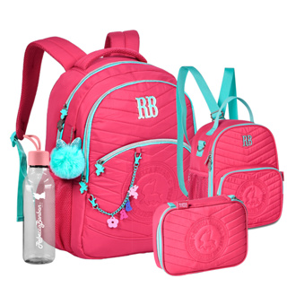 Kit Rebecca Bonbon Escolar Feminino Mochila Soft Estojo 36 Elásticos Com Lancheira Térmica E Squeeze