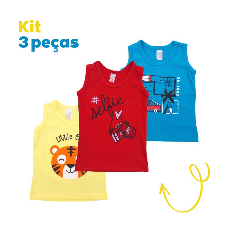 Camisetas Bebê/Infantil (KIT 3 Peças) Cores/ Estampas Variadas