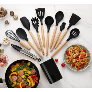 Kit 12 Peças Utensílios Cozinha Em Silicone Maciço E Cabos De Madeira Colheres Linha