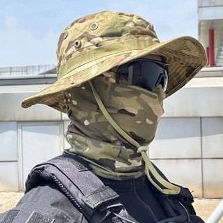 kit Militar Chapéu com alça ajustável e Balaclava Verde Camuflado