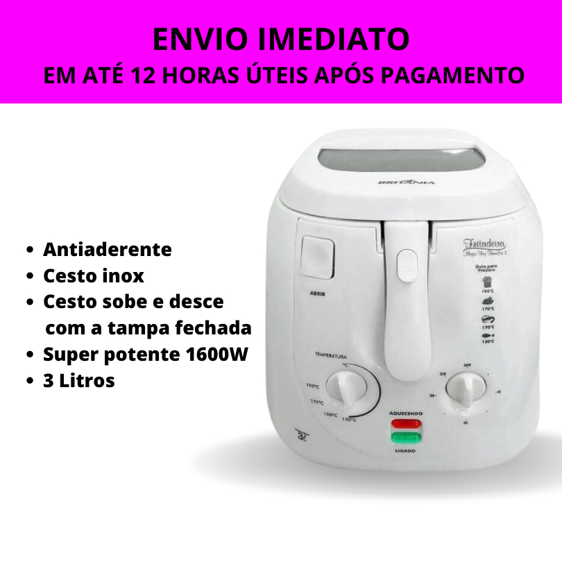 Fritadeira Elétrica Britania Óleo Antiaderente Mega Fry Family 3 com Seletor de Temperatura 1600W - 3 LT 110V - Branco