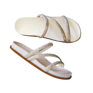 Sandália Feminina Papete Birken Com Tiras De Brilho Rasteirinha Confortável E Estilosa