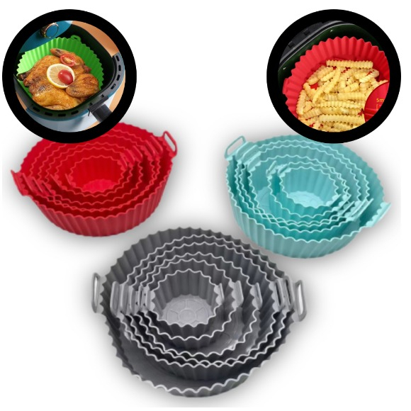 Kit 6 Forma Silicone Air Fryer Tamanhos Variados - Microondas Fritadeira Assadeira - Reutilizável Antiaderente Flexível Lavável