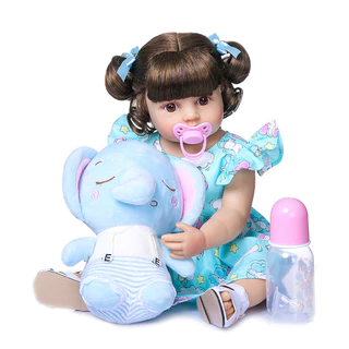 Boneca Bebê Reborn Silicone Menina Olhos Castanhos 48cm Elefante Pode Dar Banho