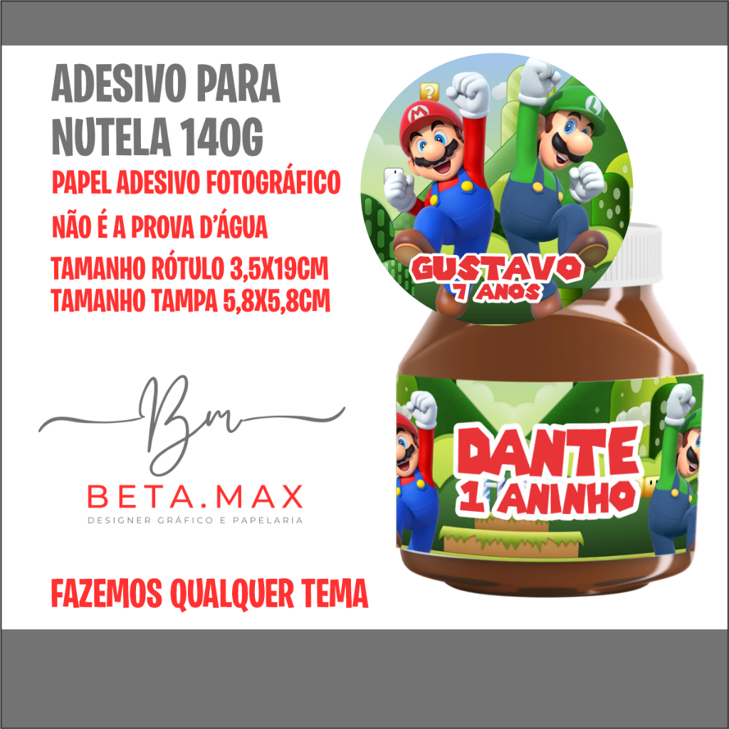 ROTULO E TAMPA PARA NUTELLA 140G - SUPER MÁRIO - PAPEL FOTOGRÁFICO ...