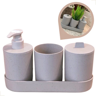 kit 4 Peças Conjunto Banheiro Lavabo Fibra Bambu Sustentável Ecológico Sabonete Liquido