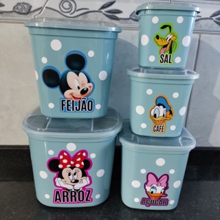 Jogo de mantimentos de plástico quadrado azul Mickey e Minnie adesivado