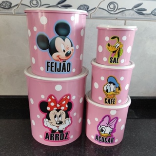 Jogo de mantimentos de plástico redondo rosa Mickey e Minnie adesivado