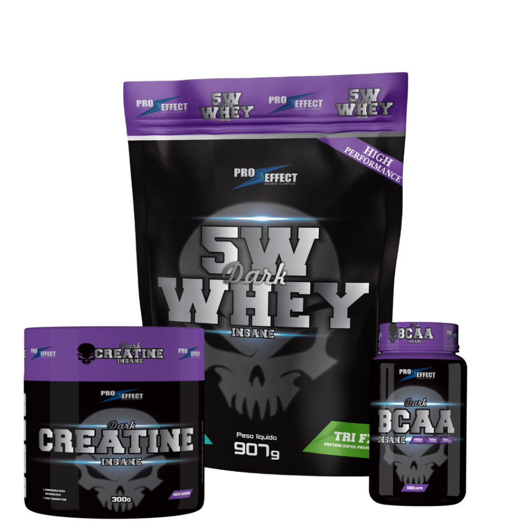 Kit Whey Protein Dark Insane 900g + Creatina Dark Insane 300g + BCAA Darke Insane LANÇAMENTO