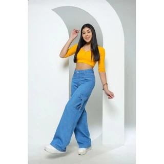 Calça wid leg jeans Cargo Juvenil do 10 ao 16