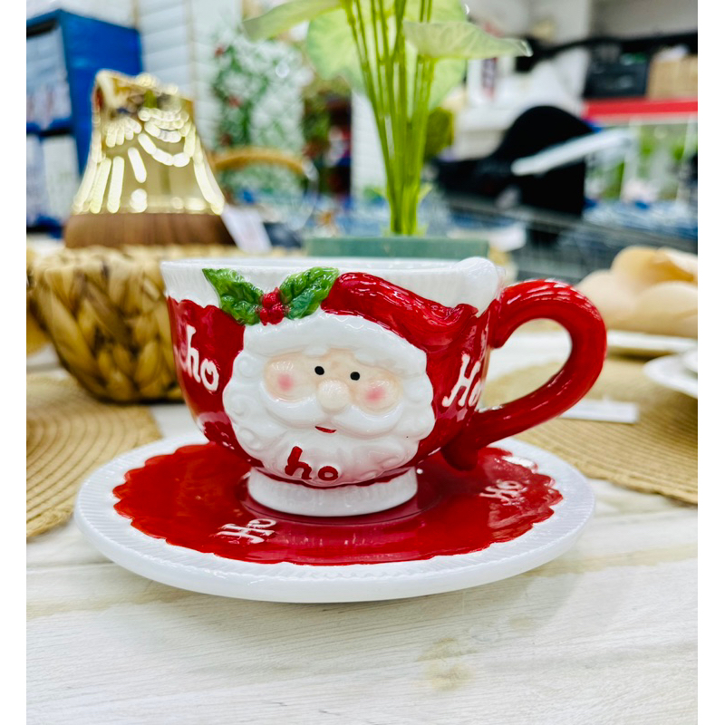 Xícara Com Pires De Porcelana 350ml Natal Papai Noel Mesa Posta