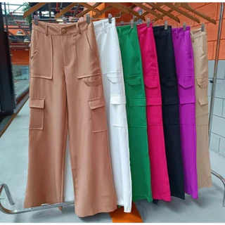 Calça Alfaiataria Feminina Wide Leg Cargo Pantalona Social